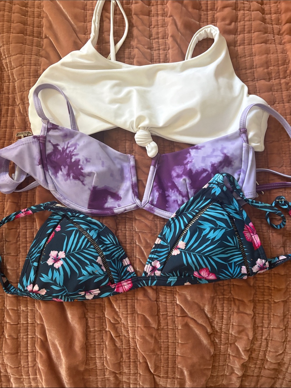 Three Women’s Bikini Tops - White, Purple Tie-Dye & Tropical Floral